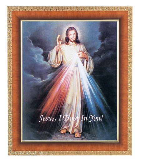 Divine Mercy Picture Framed Wall Art Decor, Large, Lacquered Natural Mahogany with Gold-Leaf Egg and Dart Edge Frame