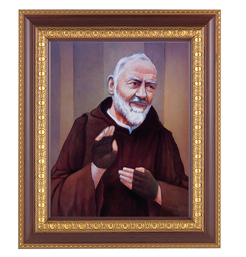 St. Pio Picture Framed Wall Art Decor Large, Dark Cherry with Gold Egg and Dart Detailed Frame