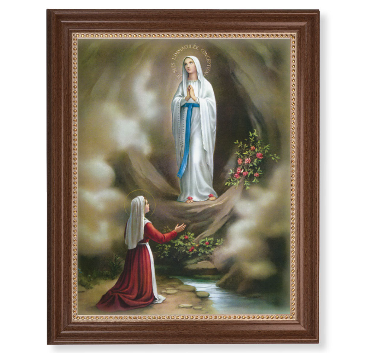 Our Lady of Lourdes Picture Framed Wall Art Decor Extra Large, Classic Dark Walnut Finished Frame with Gold Beaded Lip