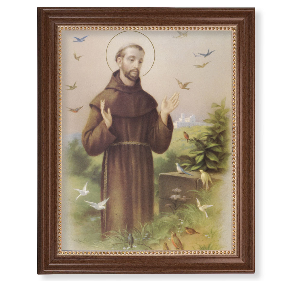 St. Francis Picture Framed Wall Art Decor, Extra Large, Classic Dark Walnut Finished Frame with Gold Beaded Lip