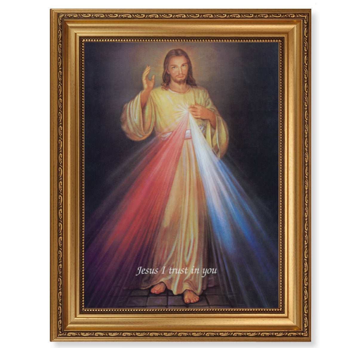 Divine Mercy Antique Picture Framed Wall Art Decor Extra Large, Antique Gold-Leaf Frame with Acanthus-Leaf Trim and Beaded Lip