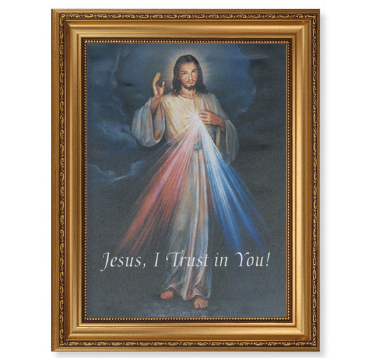 Divine Mercy Gold Wood Picture Framed Canvas Wall Art Decor Extra Large, Antique Gold-Leaf Frame with Acanthus-Leaf Trim and Beaded Lip