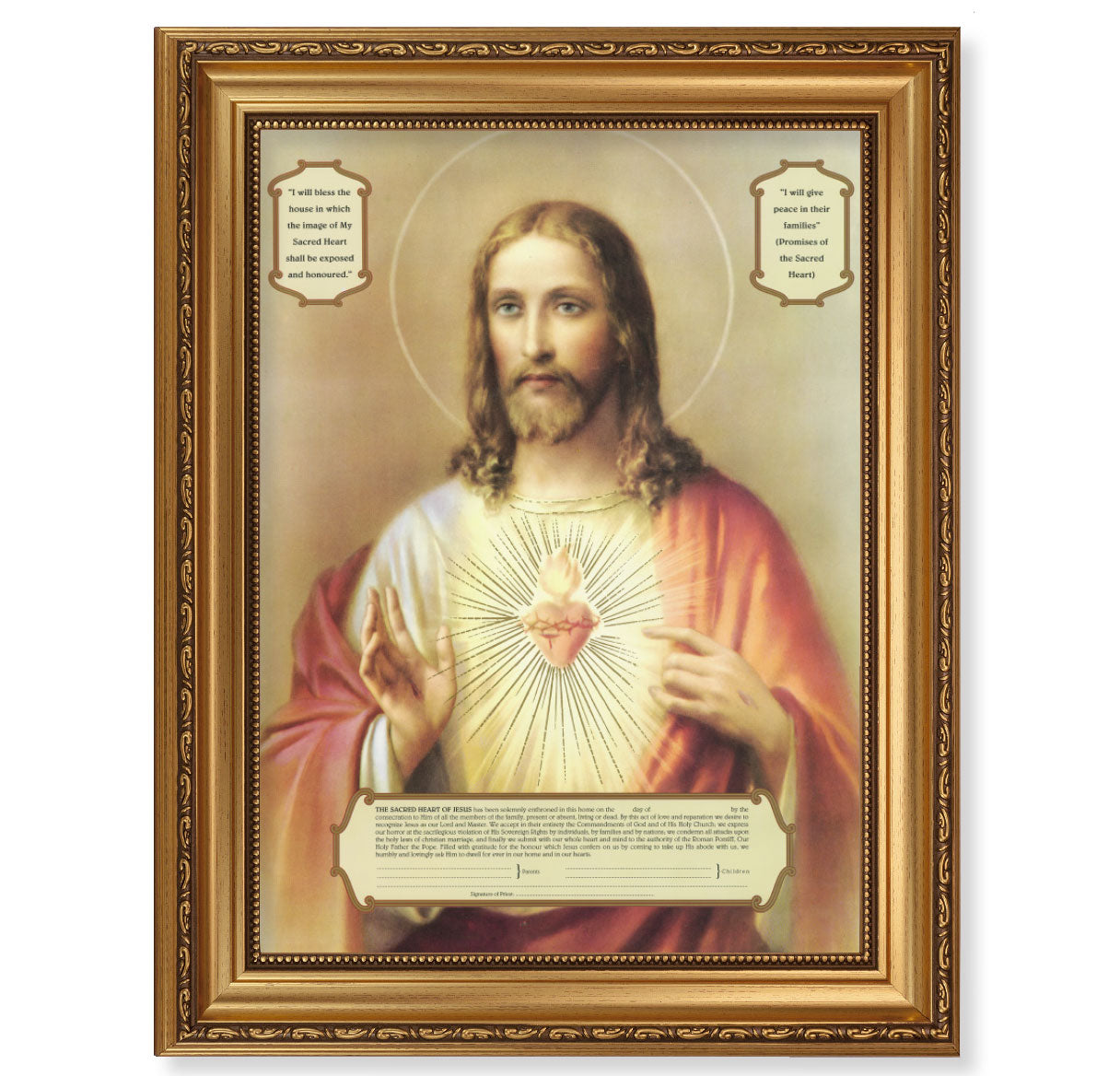 Sacred Heart of Jesus - Enthronement Antique Picture Framed Wall Art Decor Extra Large, Antique Gold-Leaf Frame with Acanthus-Leaf Trim and Beaded Lip