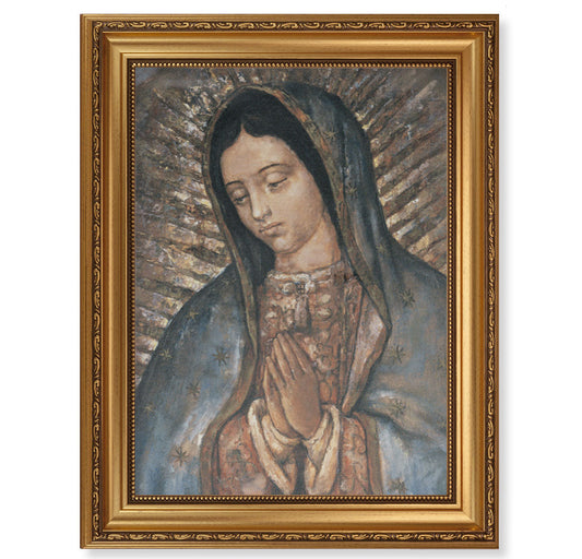 Our Lady of Guadalupe Gold Wood Picture Framed Canvas Wall Art Decor Extra Large, Antique Gold-Leaf Frame with Acanthus-Leaf Trim and Beaded Lip