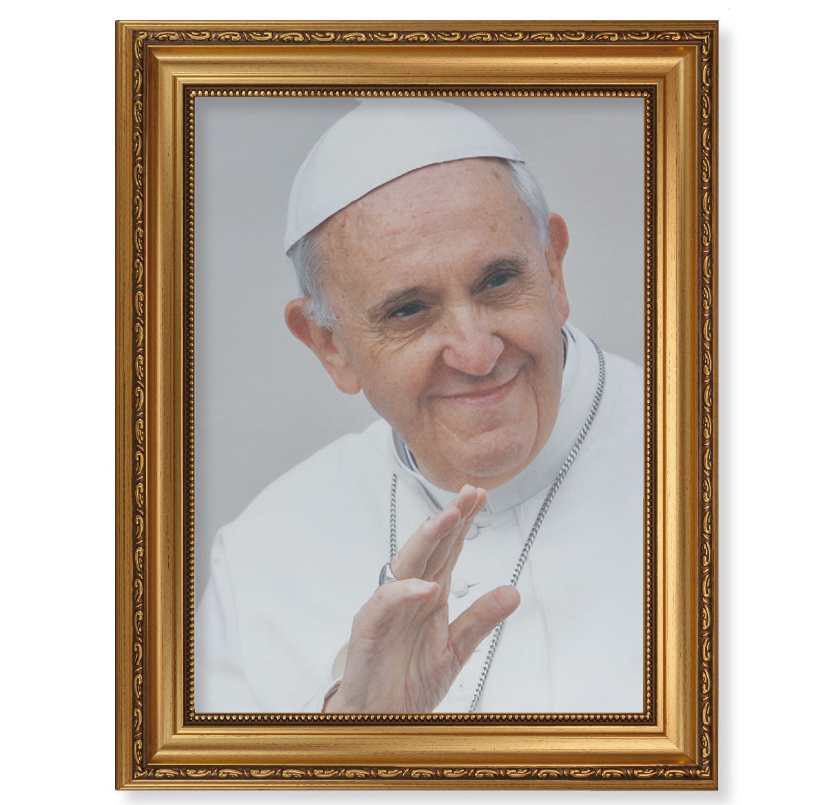 Pope Francis Gold Wood Picture Framed Canvas Wall Art Decor Extra Large, Antique Gold-Leaf Frame with Acanthus-Leaf Trim and Beaded Lip