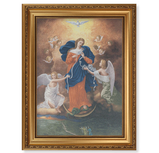 Our Lady Untier of Knots Gold Wood Picture Framed Canvas Wall Art Decor Extra Large, Antique Gold-Leaf Frame with Acanthus-Leaf Trim and Beaded Lip