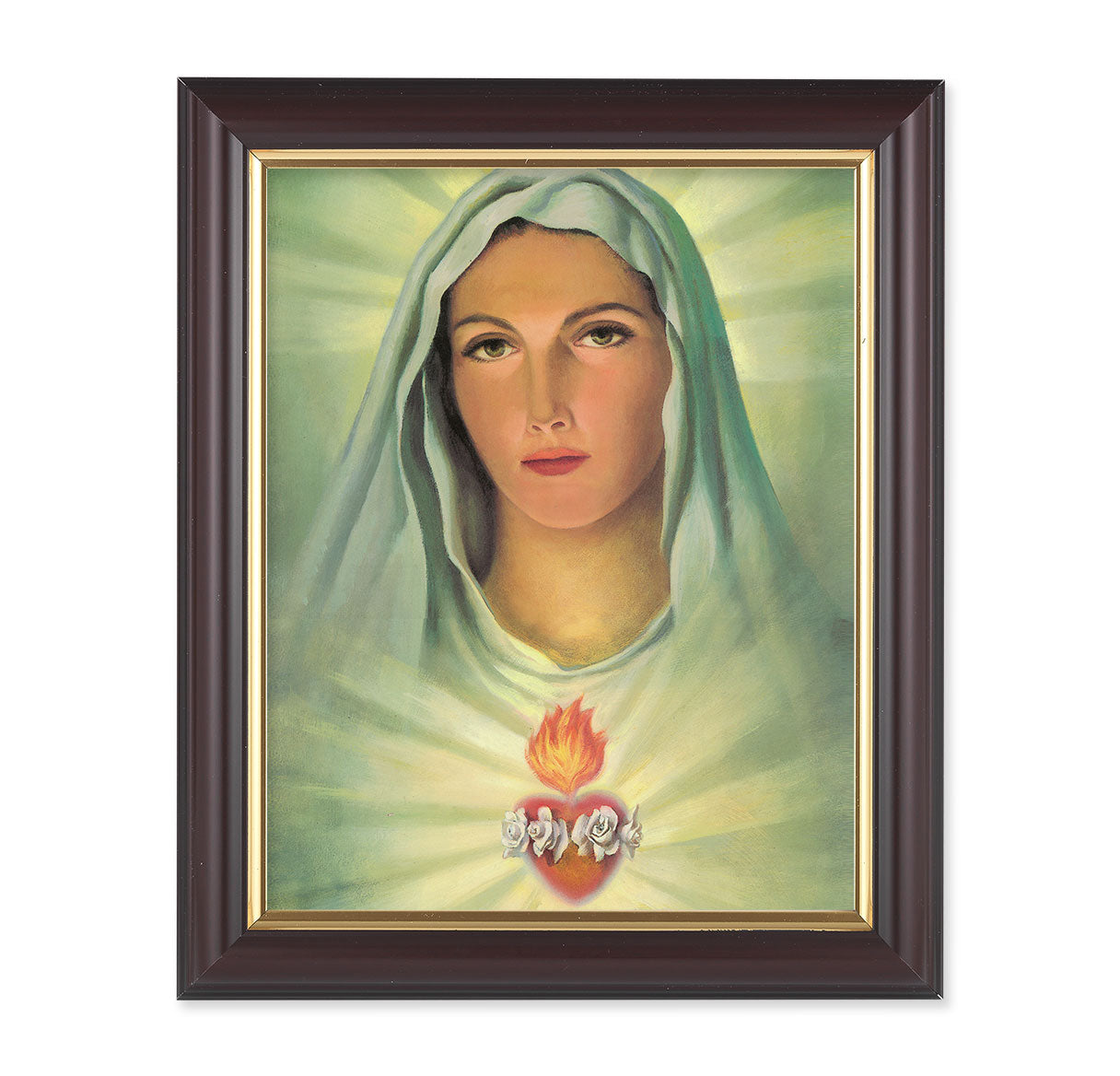 Immaculate Heart of Mary Picture Framed Wall Art Decor, Medium, Classic Fluted Dark Walnut Finished Frame with Gold-Leaf Lip