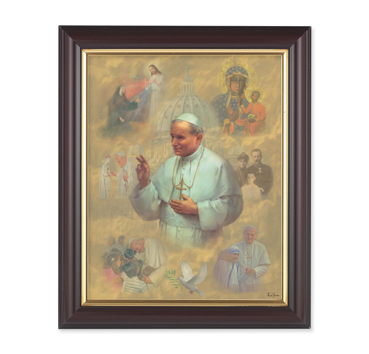 St. John Paul II Picture Framed Wall Art Decor, Medium, Classic Fluted Dark Walnut Finished Frame with Gold-Leaf Lip