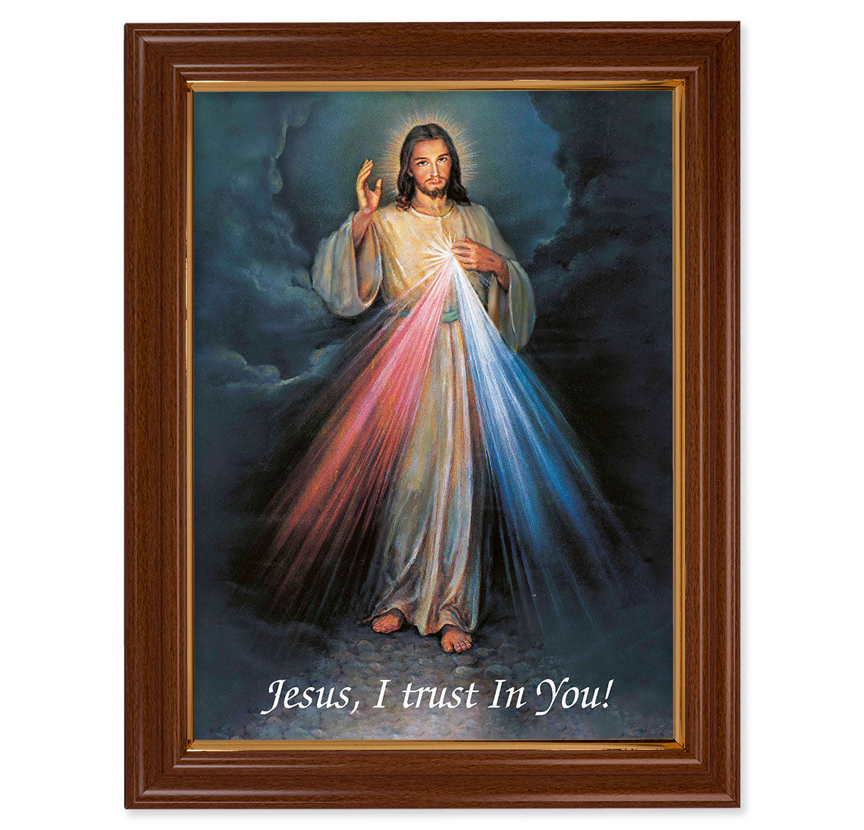 Divine Mercy Picture Framed Wall Art Decor Large, Traditional Dark Walnut Finished Frame with Thin Gold Lip