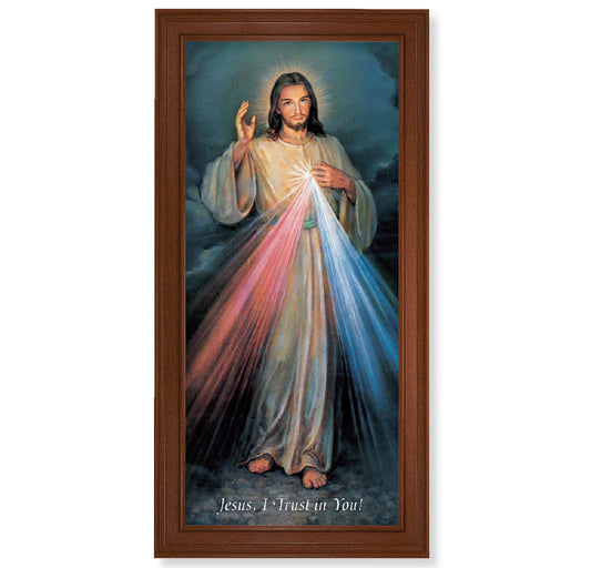 Divine Mercy Picture Framed Wall Art Decor Extra Large, Traditional Natural Walnut Finish Fluted Frame