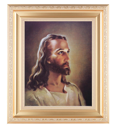 Head of Christ Picture Framed Wall Art Decor, Large, Satin Gold Fluted Frame with Distressed Finish and Fine Detailed Scrollwork