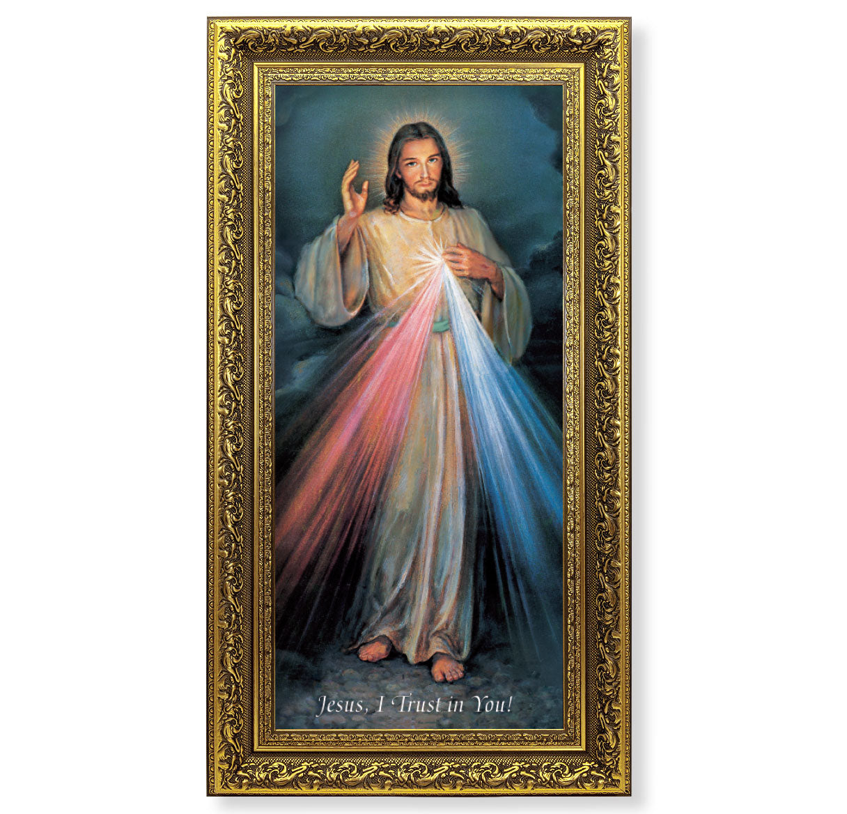 Divine Mercy Picture Framed Wall Art Decor Large, Highly Detailed Antique Gold-Leaf Frame with Acanthus-Leaf Design