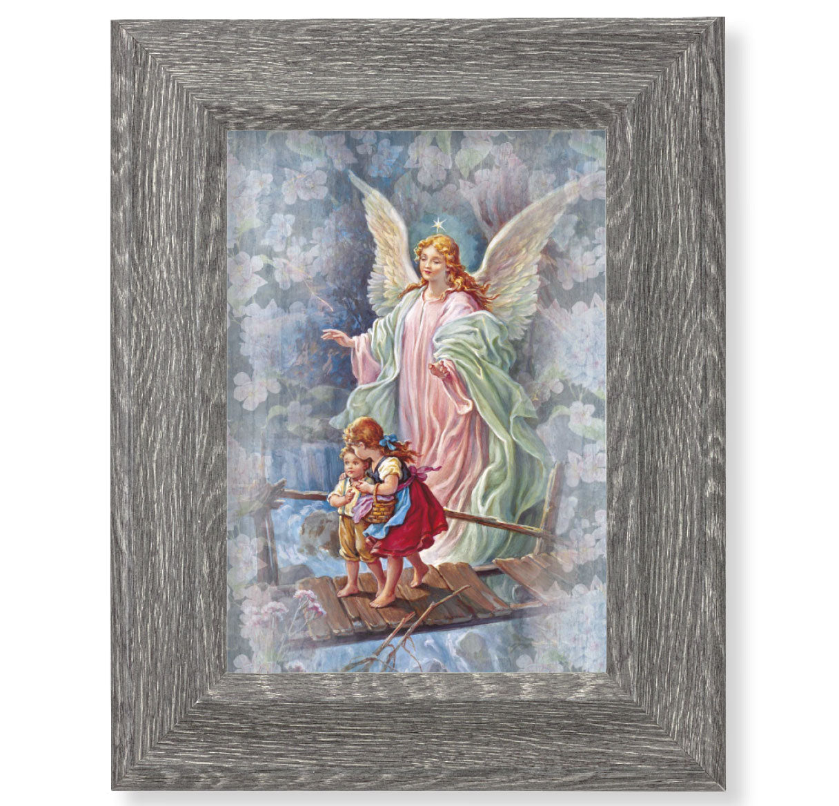 Guardian Angel Picture Framed Wall Art Decor Small Gray Frame