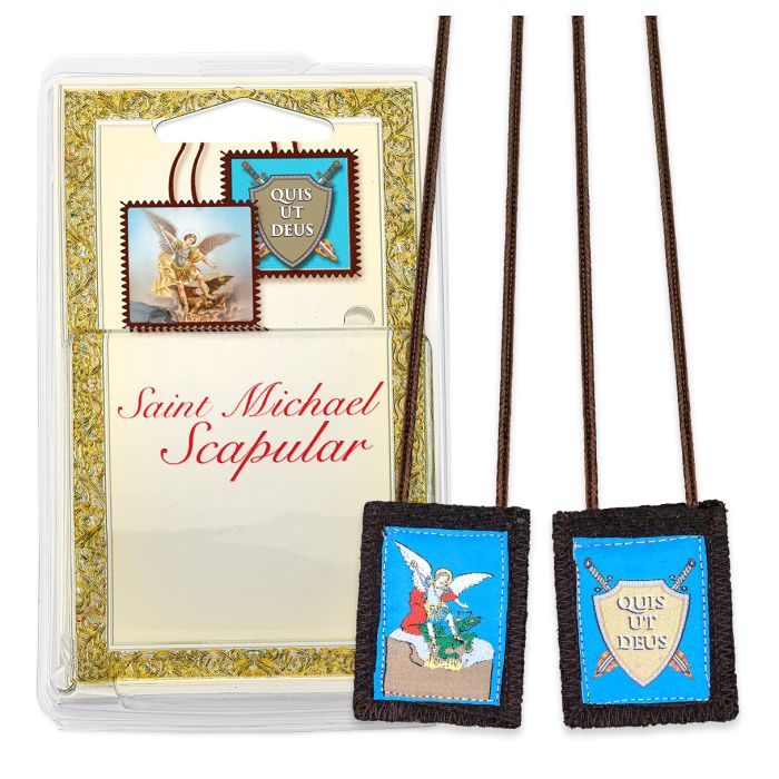 St. Michael Brown Wool Scapular in Deluxe Packaging. 22"