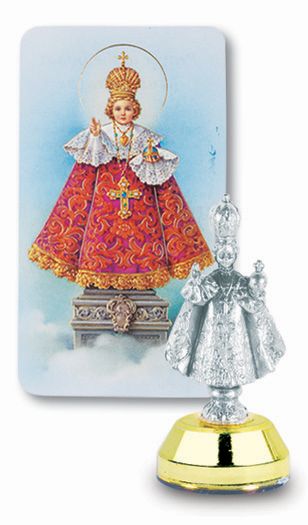 Small Catholic Infant of Prague Auto Statue Figurine With Prayer Card for Dashboard