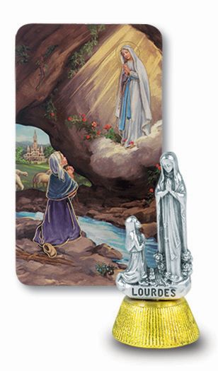 Small Catholic Our Lady of Lourdes Auto Statue Figurine With Prayer Card for Dashboard