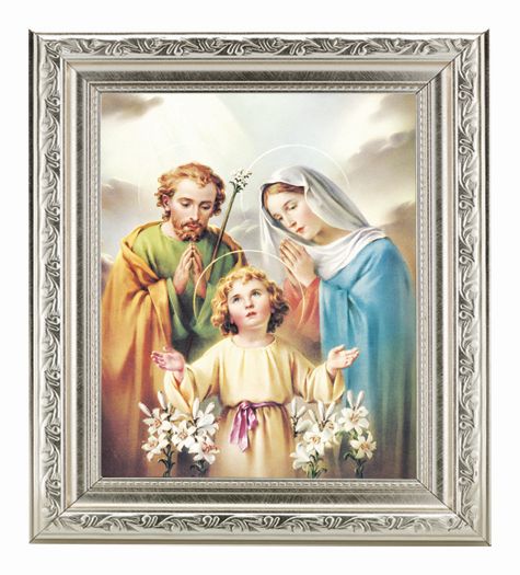 Holy Family Picture Framed Wall Art Decor Medium Antique Silver Frame