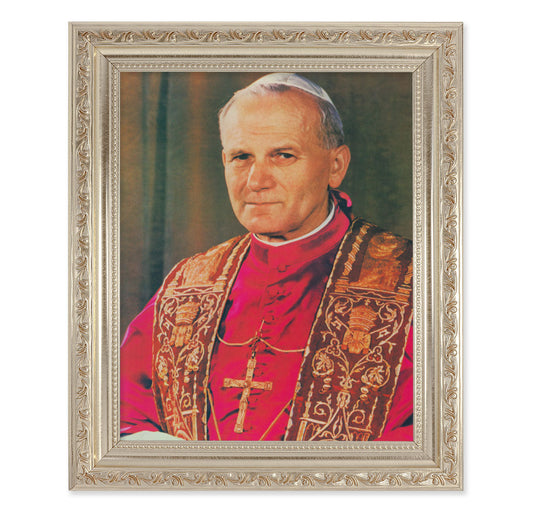 St. Pope John Paul II Picture Framed Wall Art Decor, Large, Anitque Silver Finely Detaild Frame with Carved Scrollwork