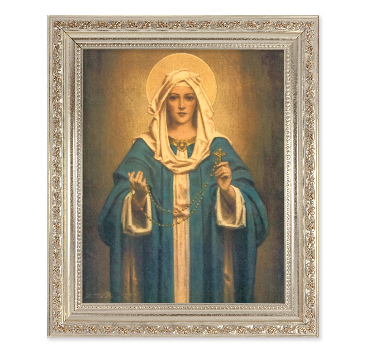 Our Lady of the Rosary Picture Framed Wall Art Decor Large, Anitque Silver Finely Detaild Frame with Carved Scrollwork