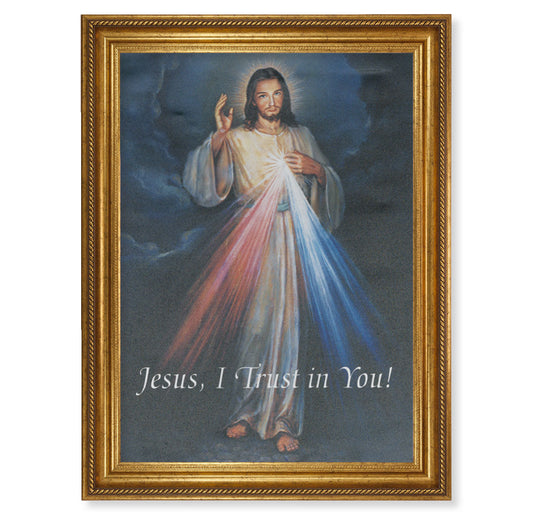 Divine Mercy Gold Wood Picture Framed Canvas Wall Art Decor Extra Large, Antique Gold-Leaf Frame with Rope Detailing