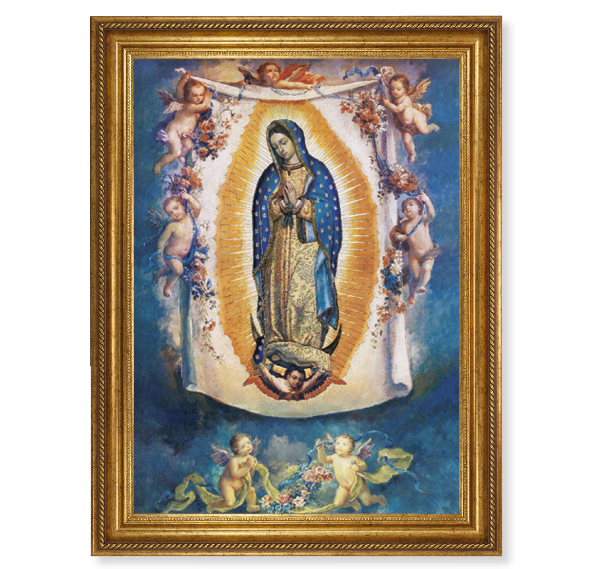 Our Lady of Guadalupe with Angels Picture Framed Wall Art Decor Extra Large, Antique Gold-Leaf Frame with Rope Detailing