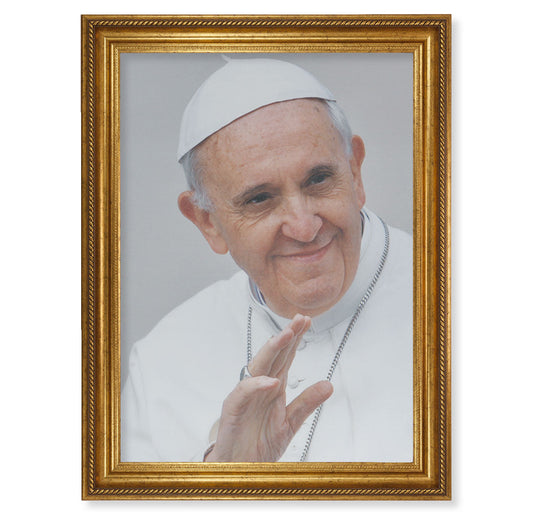 Pope Francis Gold Wood Picture Framed Canvas Wall Art Decor Extra Large, Antique Gold-Leaf Frame with Rope Detailing