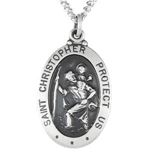 Extel Medium Sterling Silver Mens Womens Religious Catholic St. Christopher Patron Saint Medal Pendant Charm with 24" Necklace