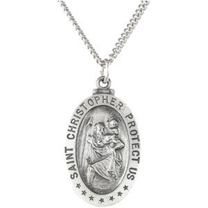 Extel Medium Sterling Silver Mens Womens Religious Catholic St. Christopher Patron Saint Medal Pendant Charm with 18" Necklace