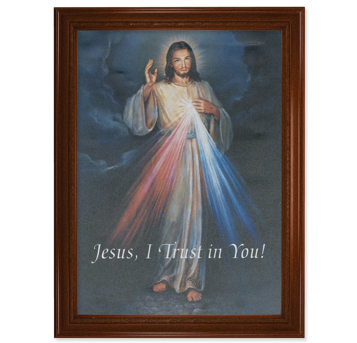 Divine Mercy Picture Framed Canvas Wall Art Decor Extra Large, Natural Walnut Finished Frame with Fluted Detail