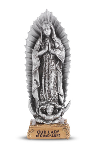 Small Catholic 4 1/2" O.L of Guadalupe Pewter Statue Figurine On Base, Made in USA