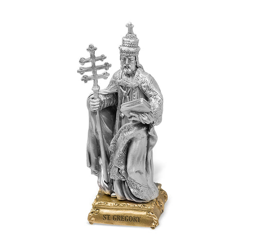 Small Catholic 4 1/2" St. Gregory Pewter Statue Figurine On Base, Made in USA