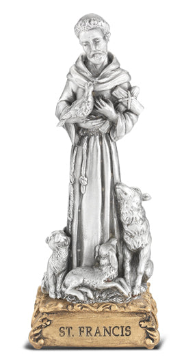 Small Catholic 4 1/2" St. Francis of Assisi Pewter Statue Figurine On Base, Made in USA