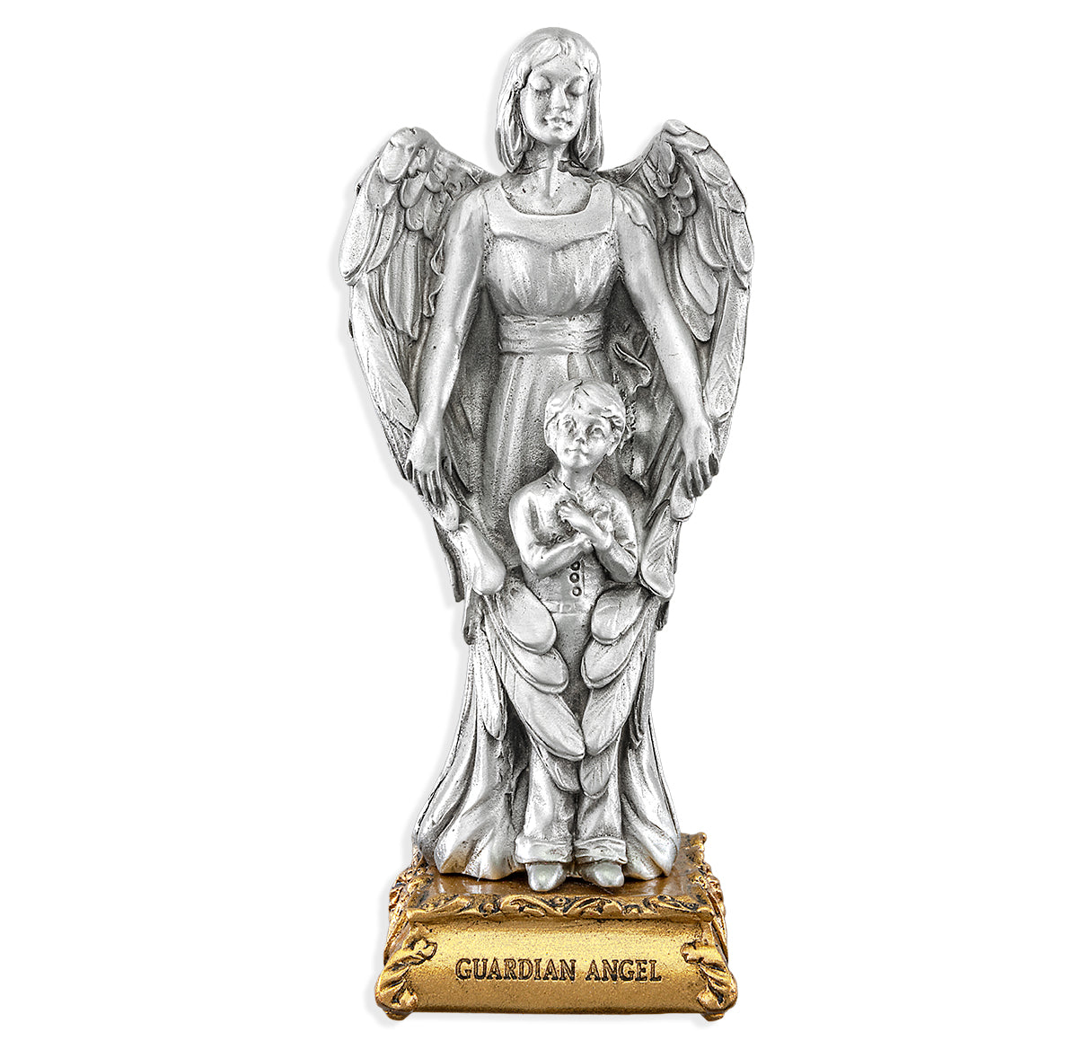 Small Catholic 4.5" Guardian Angel With Boy Pewter Statue Figurine With Dlx Gift Box, Made in USA