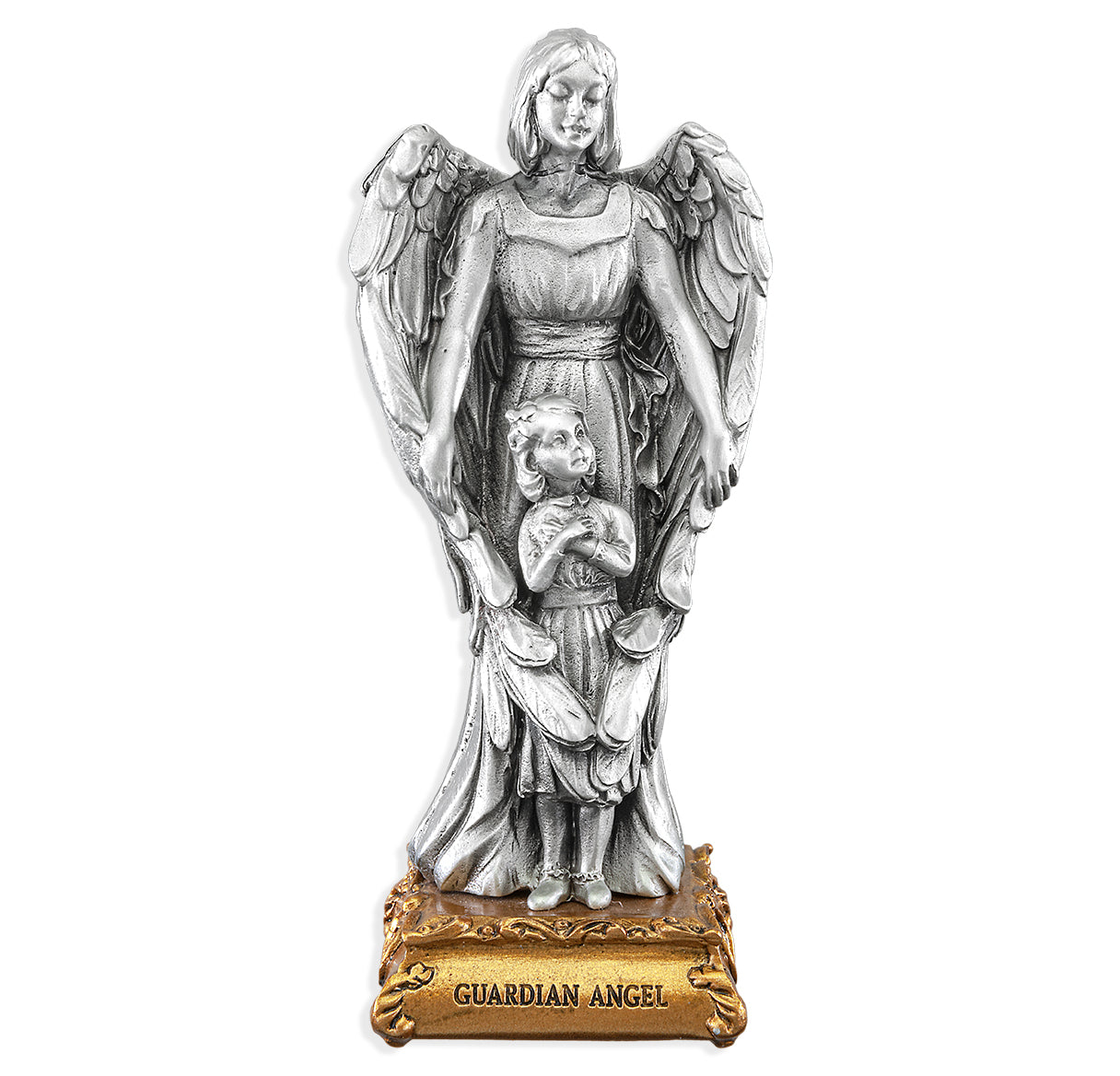 Small Catholic 4.5" Guardian Angel With Girl Pewter Statue Figurine With Dlx Gift Box, Made in USA