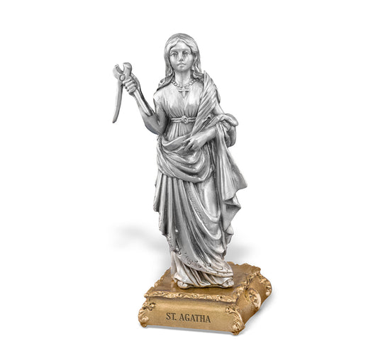 Small Catholic 4 1/2" Saint Agatha Pewter Statue Figurine On Base, Made in USA