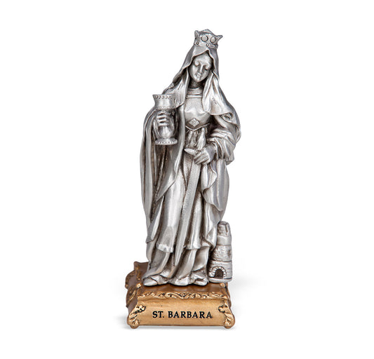 Small Catholic 4 1/2" Saint Barbara Pewter Statue Figurine On Base, Made in USA