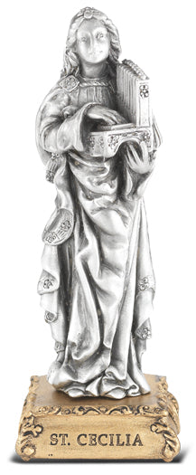 Small Catholic 4 1/2" St. Cecilia Pewter Statue Figurine On Base, Made in USA