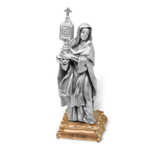 Small Catholic 4 1/2" St. Clare Pewter Statue Figurine On Base, Made in USA