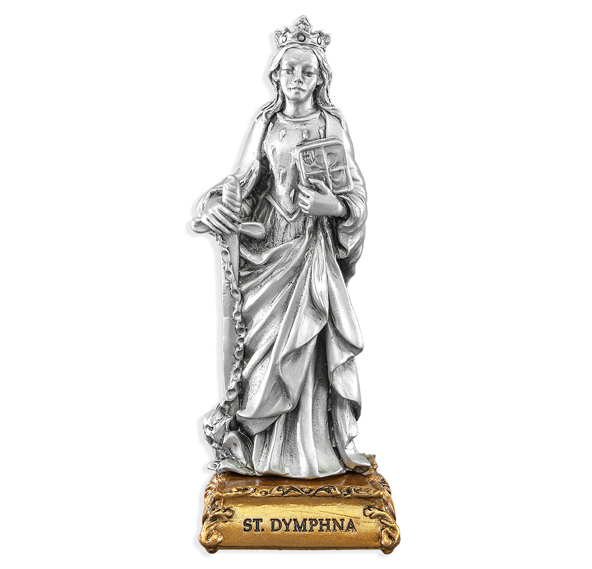 Small Catholic 4 1/2" Saint Dymphna Pewter Statue Figurine On Base, Made in USA