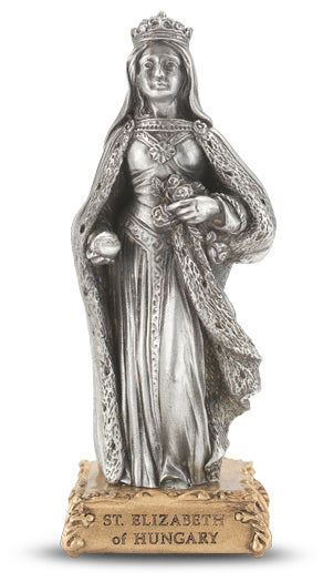 Small Catholic 4 1/2" St. Elizabeth of Hungary Pewter Statue Figurine On Base, Made in USA