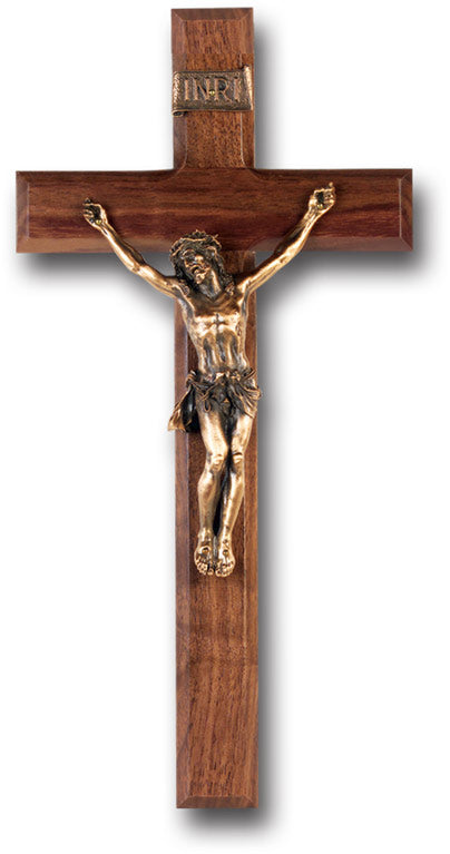 Large Catholic Walnut Wood Wall Crucifix 12 Inch Decor