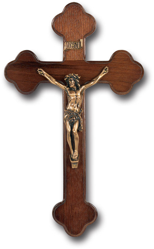 Large Catholic Walnut "Latin Style" Wood Wall Crucifix, 10", for Home, Office, Over Door