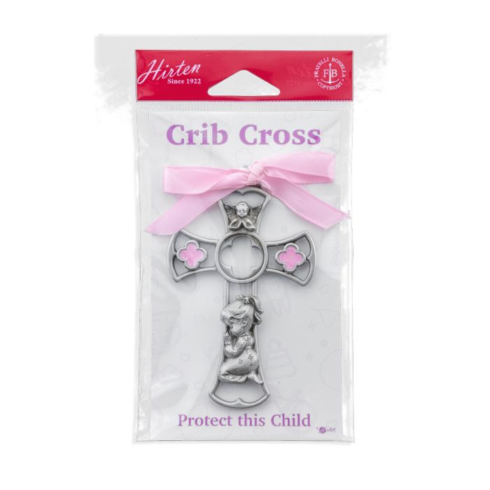 Genuine Pewter Baby Female Cross with Pink Epoxy and Ribbon for Female