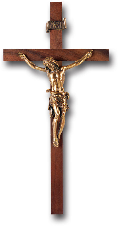 Large Catholic Walnut Wood Wall Crucifix, 11", for Home, Office, Over Door