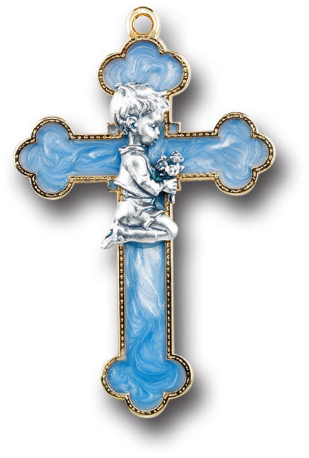 Blue Epoxied Cross with a Praying Male Figure