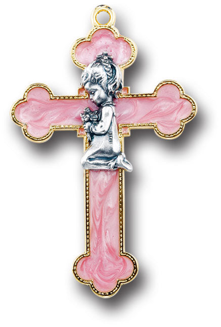 Pink Epoxied Cross with a Praying Female Figure