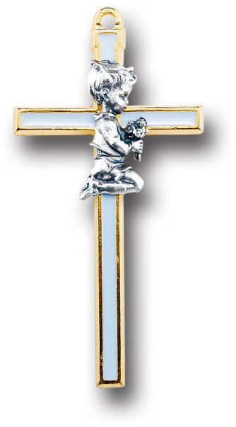 Gold Tone Blue Epoxied Cross with Praying Boy Figure