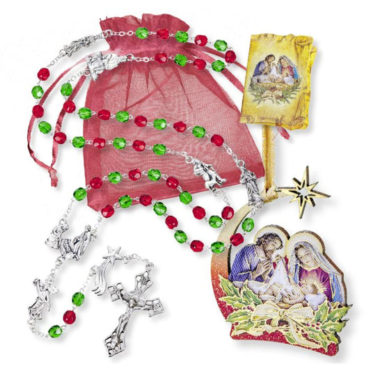 Catholic Christmas Rosary Beads Gift Set with Holy Family Centerpiece, Red & Green Glass Beads and Ornament