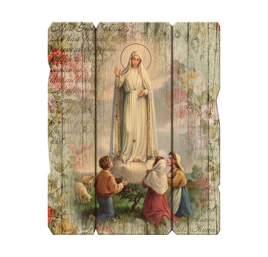 Our Lady of Fatima Vintage Barn Board Plaque Wall Art Decor, Medium