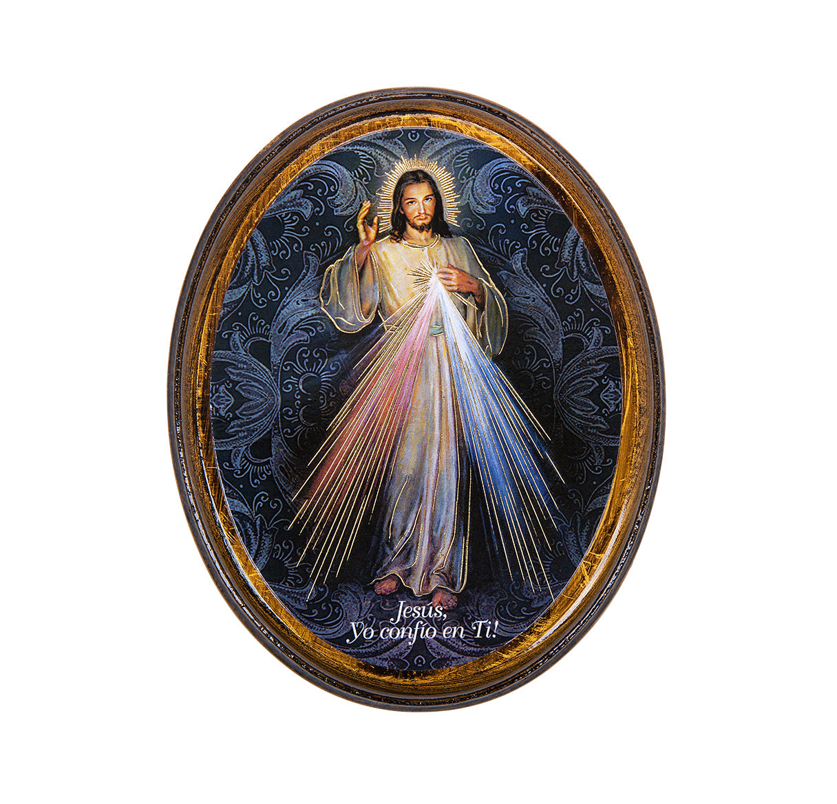 Divine Mercy Spanish Oval Antiqued Wood Plaque Decor Small